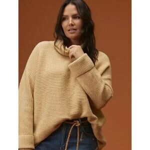 Anthropologie Pilcro Cowl Neck Sweater Women L Tan Rib Knit Oversized Minimalist